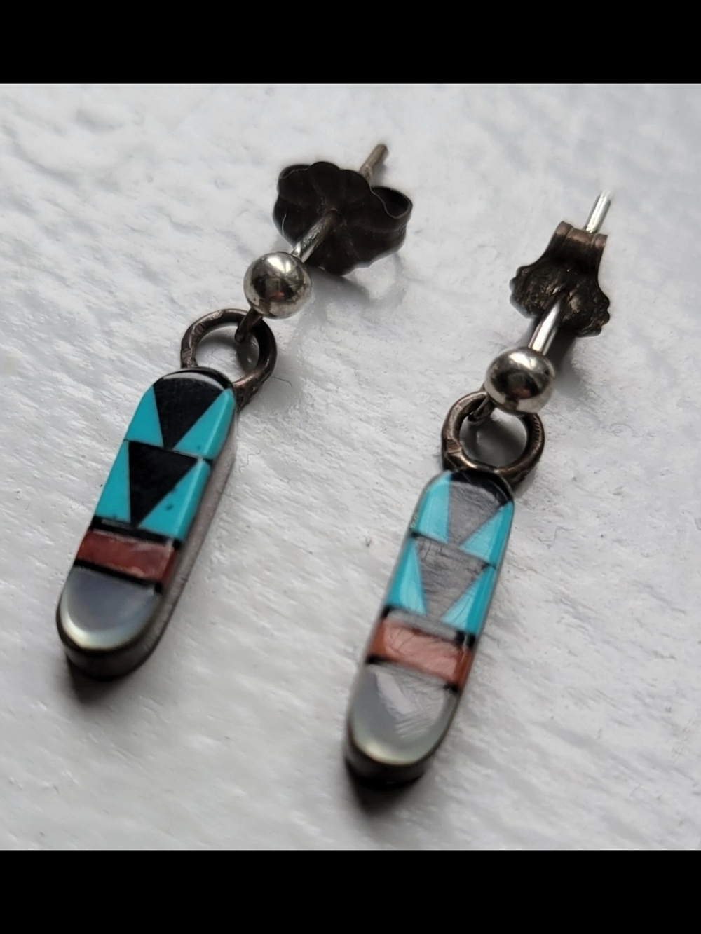 Vintage Native American Zuni Silver Turquoise Multi-Stone Small Dangle Earrings